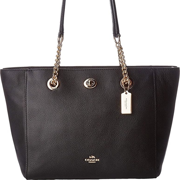Coach Handbags - COACH Women's Turn-lock Chain Tote Bag Black Pebble Leather Gold Tone Hardware